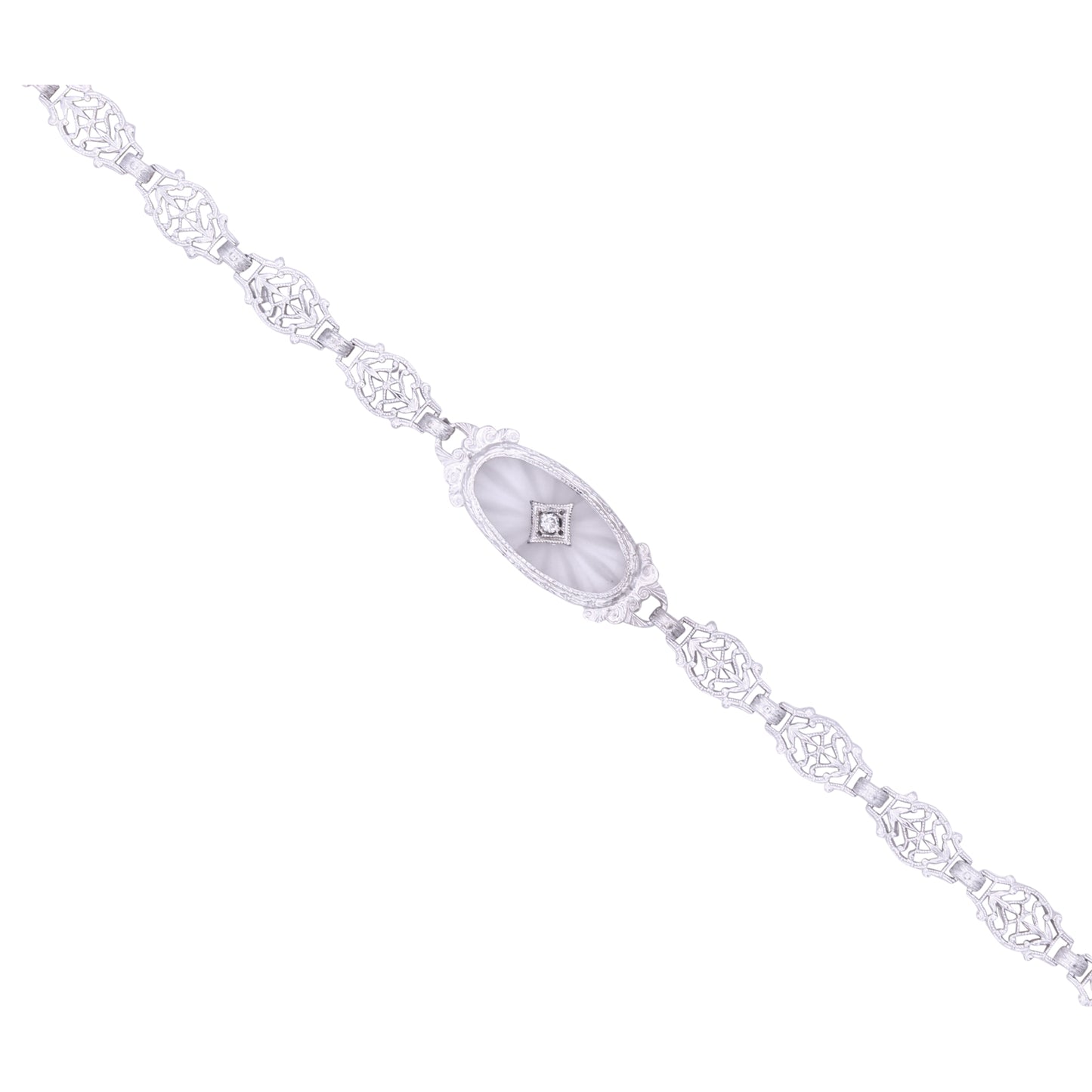 Art Deco 14k Gold, Diamond and Rock Crystal Filigree Bracelet Close