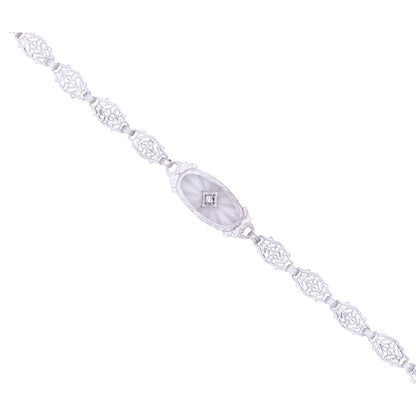 Art Deco 14k Gold, Diamond and Rock Crystal Filigree Bracelet Close