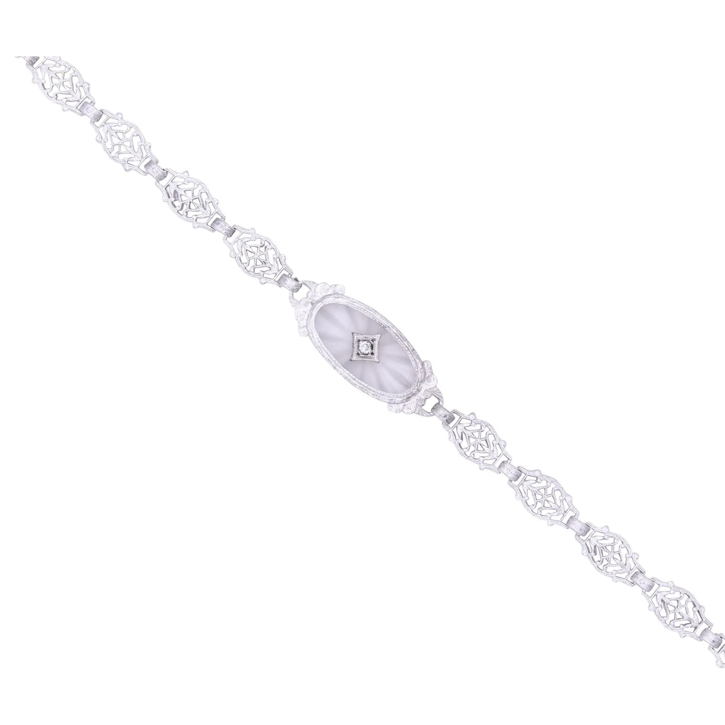 Art Deco 14k Gold, Diamond and Rock Crystal Filigree Bracelet Close