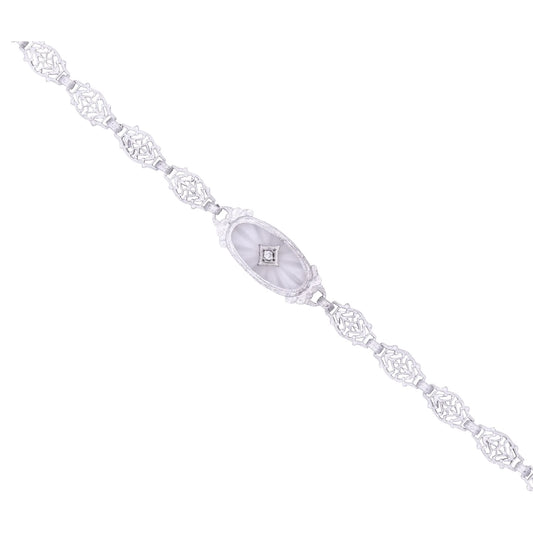 Art Deco 14k Gold, Diamond and Rock Crystal Filigree Bracelet Close