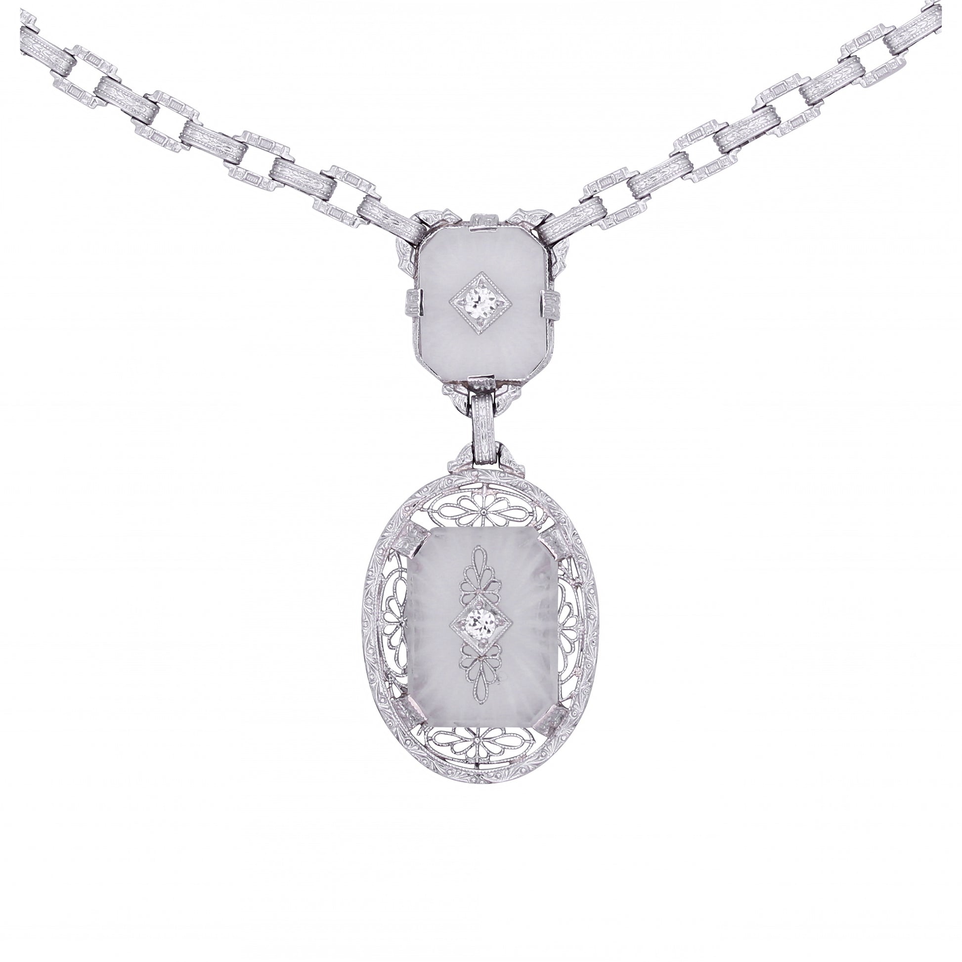 Art Deco 14k White Gold Filigree Rock Crystal and Diamond Necklace Front