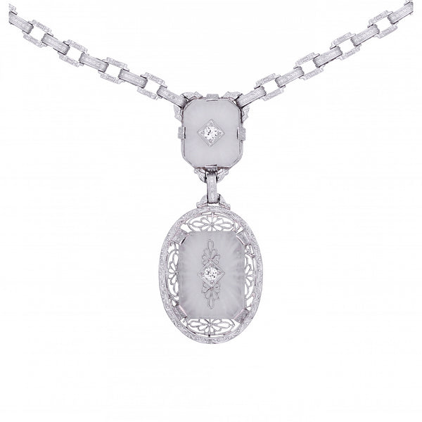 Art Deco 14k White Gold Filigree Rock Crystal and Diamond Necklace Front