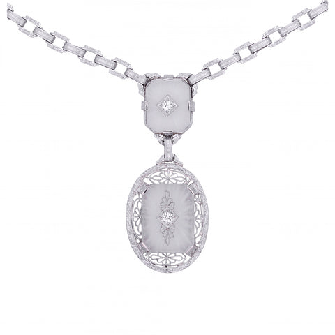 Art Deco 14k White Gold Filigree Rock Crystal and Diamond Necklace Front