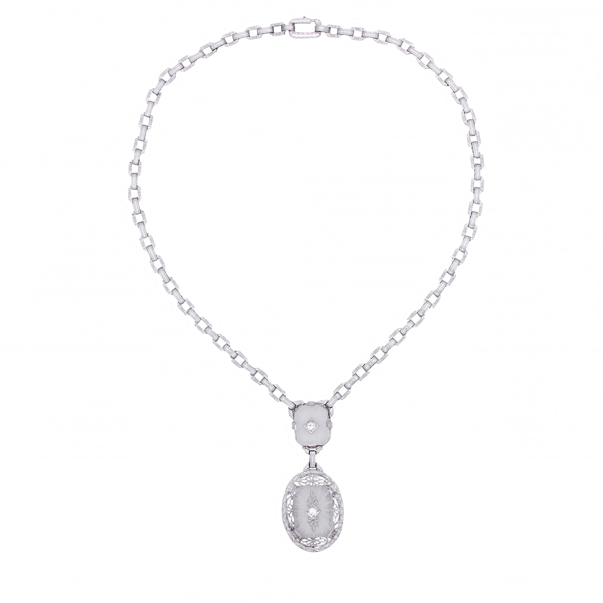 Art Deco 14k White Gold Filigree Rock Crystal and Diamond Necklace