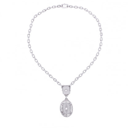 Art Deco 14k White Gold Filigree Rock Crystal and Diamond Necklace