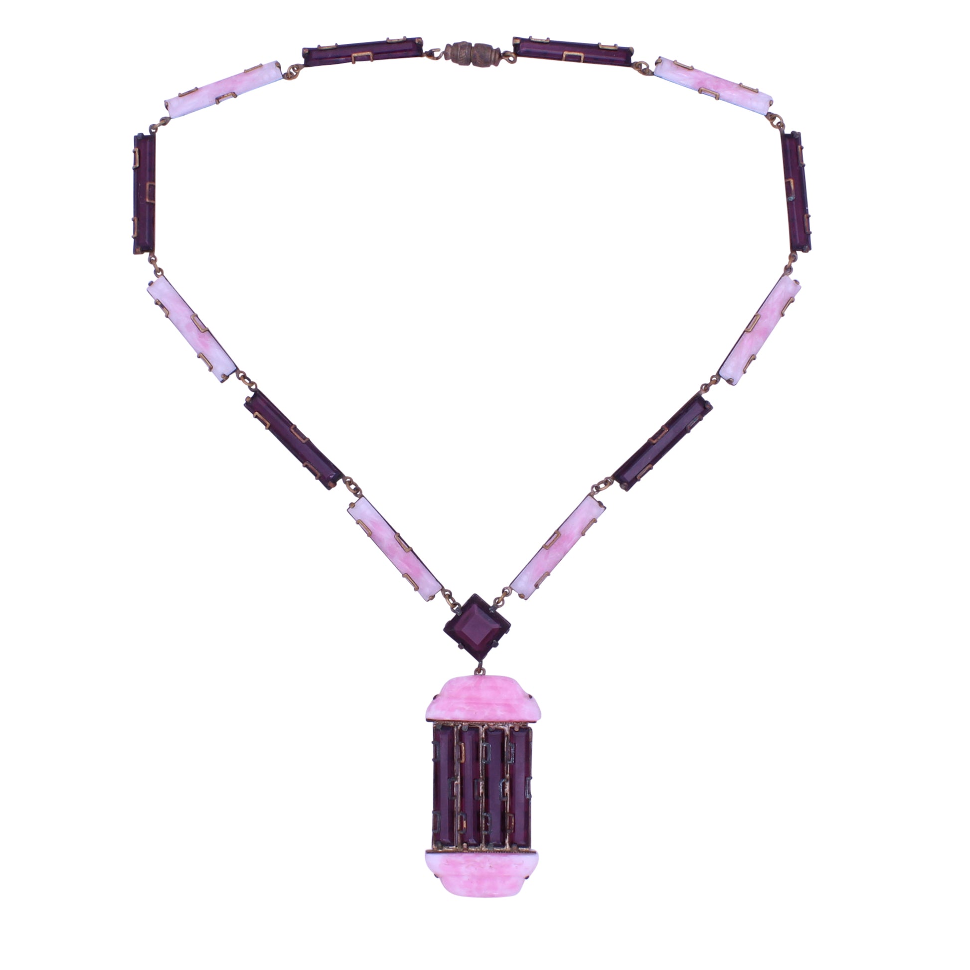 Art Deco Amethyst and Pink Glass Necklace Full