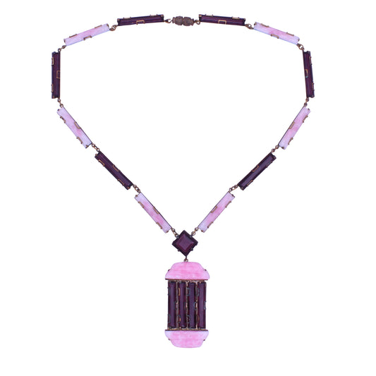 Art Deco Amethyst and Pink Glass Necklace Full