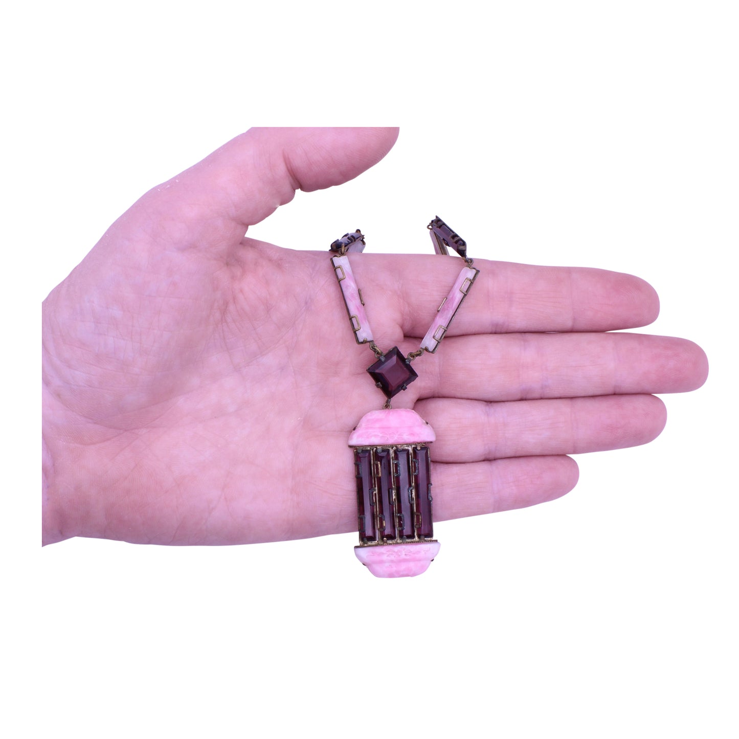 Art Deco Amethyst and Pink Glass Necklace Held