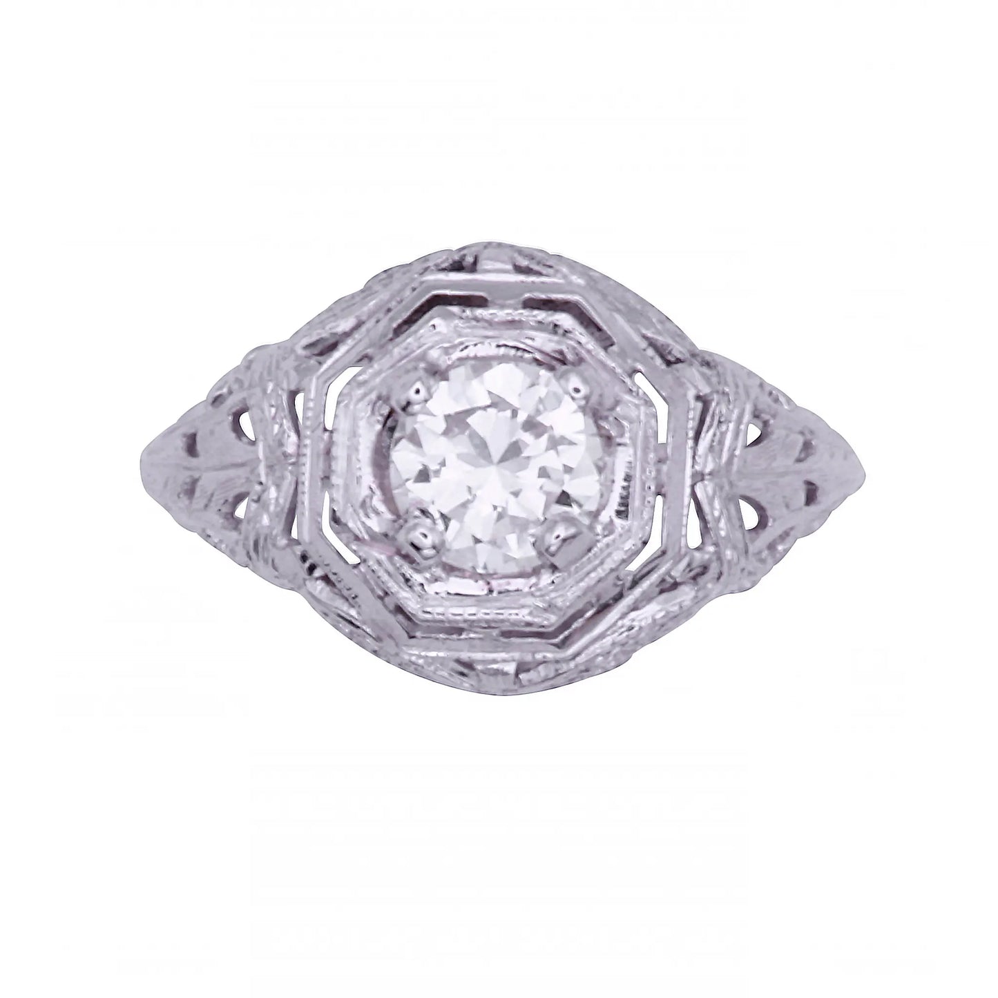 Art Deco 14k White Gold Filigree .67ct Diamond Ring Front