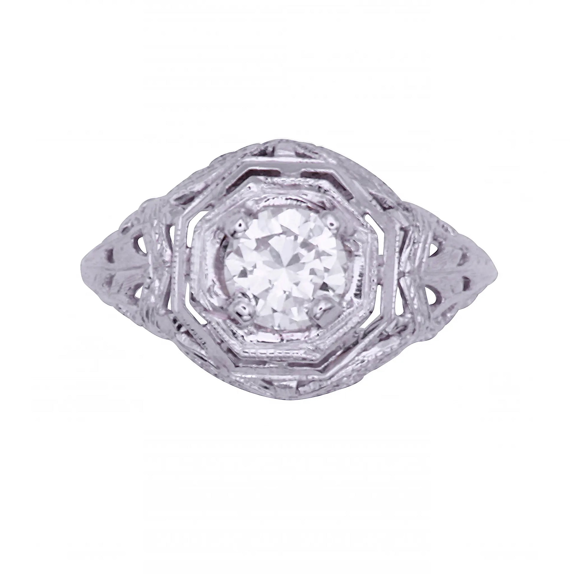Art Deco 14k White Gold Filigree .67ct Diamond Ring Front