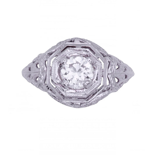 Art Deco 14k White Gold Filigree .67ct Diamond Ring Front