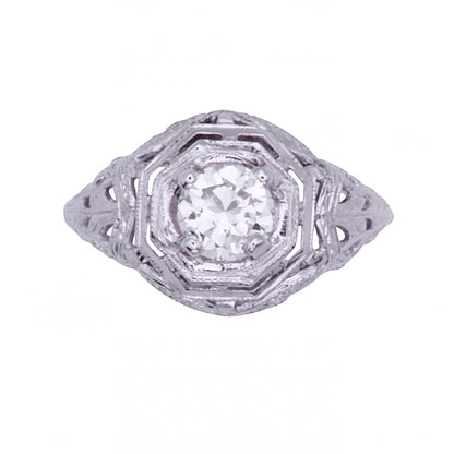 Art Deco 14k White Gold Filigree .67ct Diamond Ring Front
