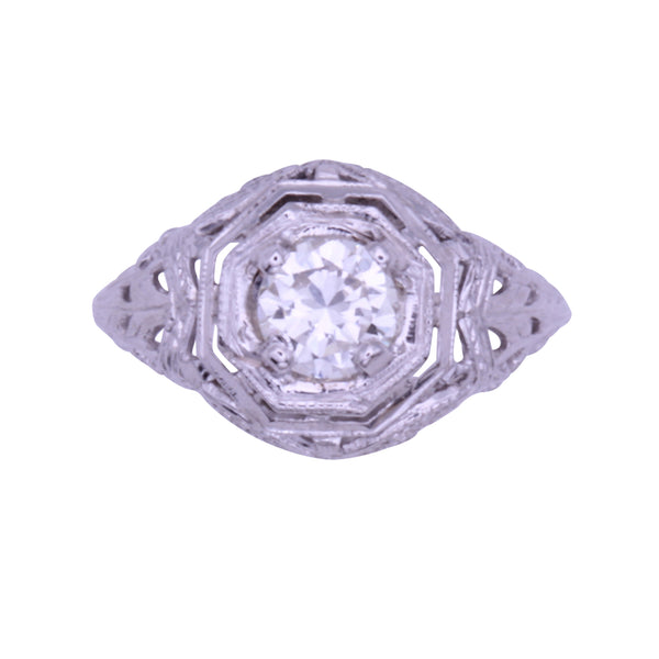 Art Deco 14k White Gold Filigree .67ct Diamond Ring Front