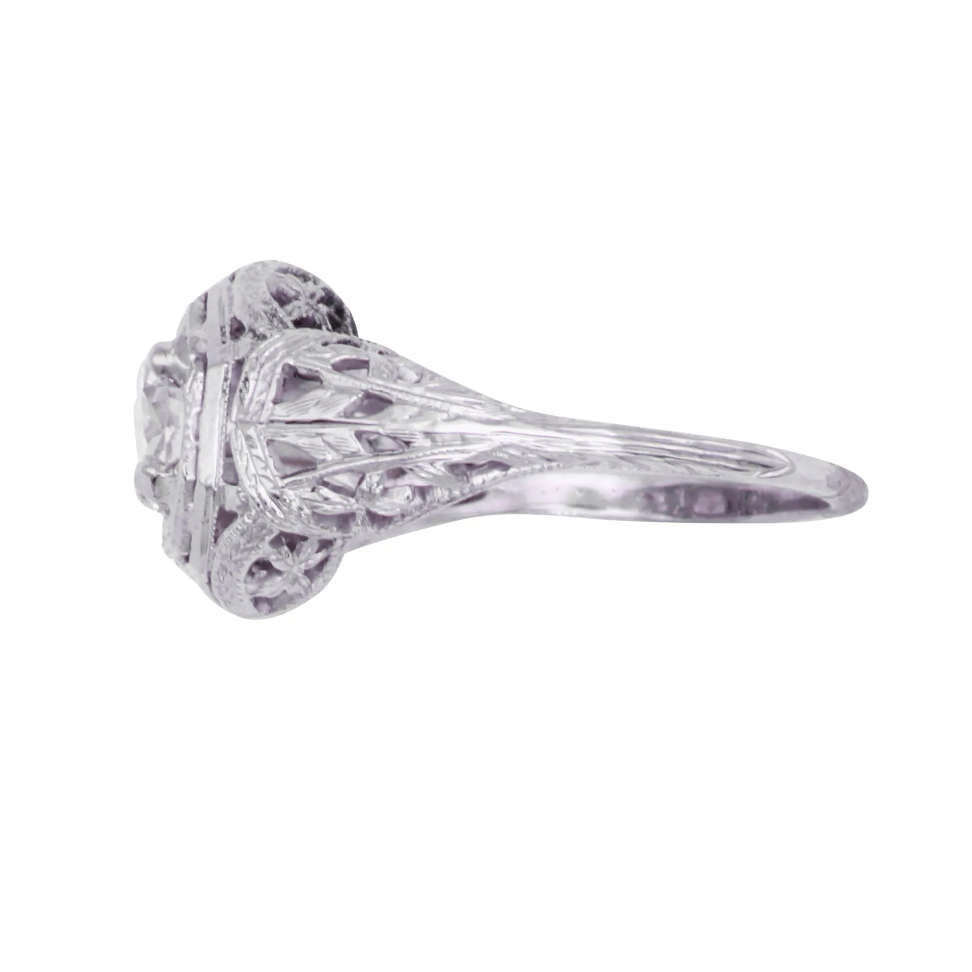 Art Deco 14k White Gold Filigree .67ct Diamond Ring Side