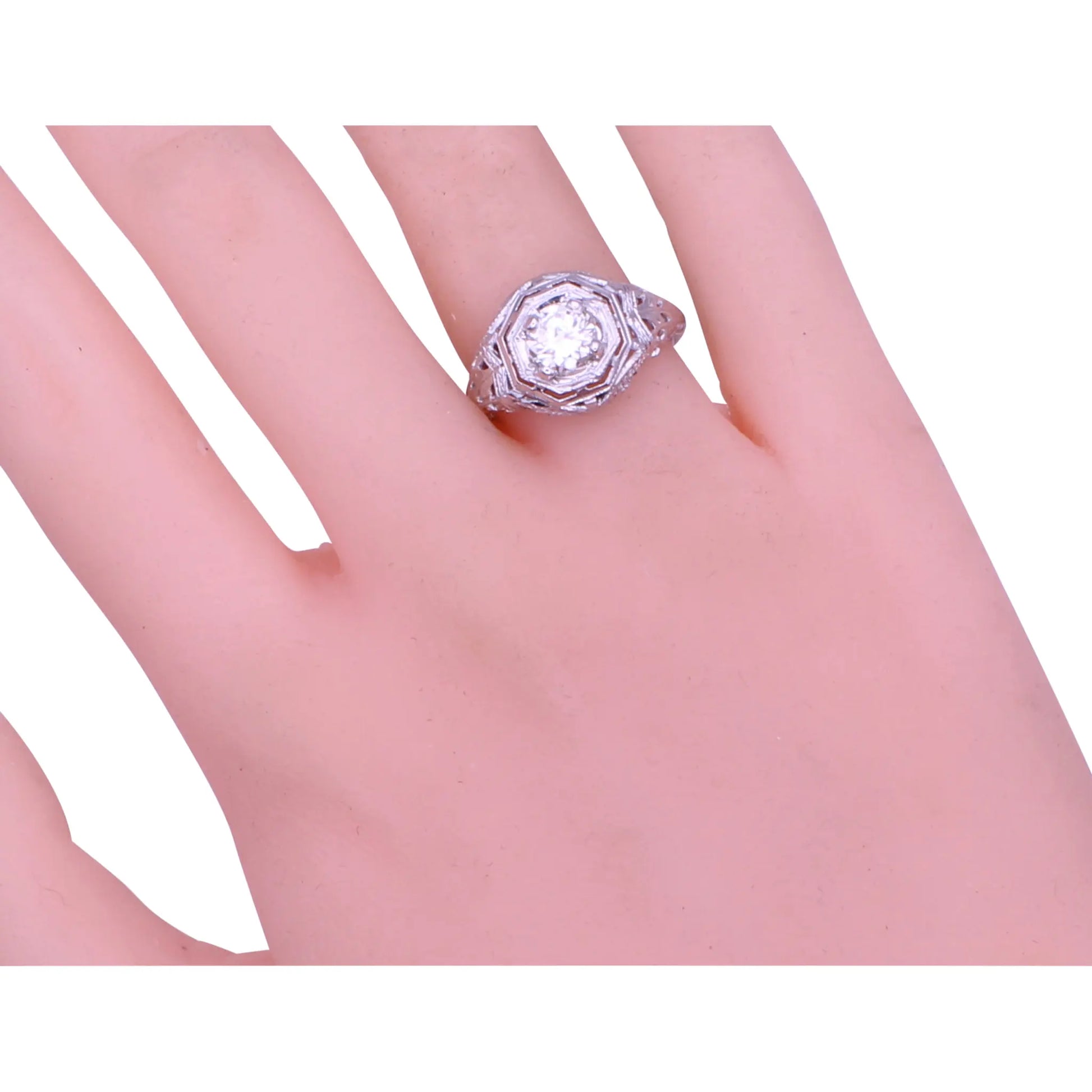 Art Deco 14k White Gold Filigree .67ct Diamond Ring Worn