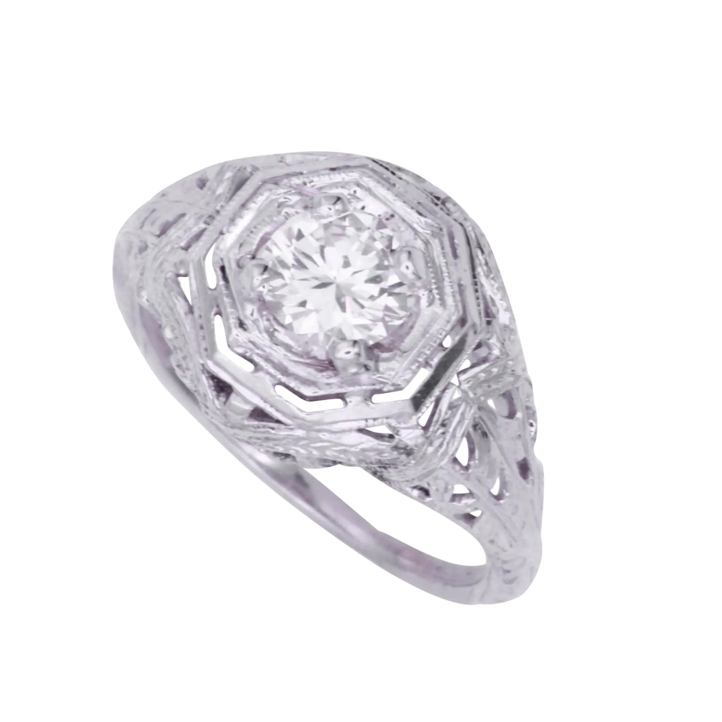 Art Deco 14k White Gold Filigree .67ct Diamond Ring 