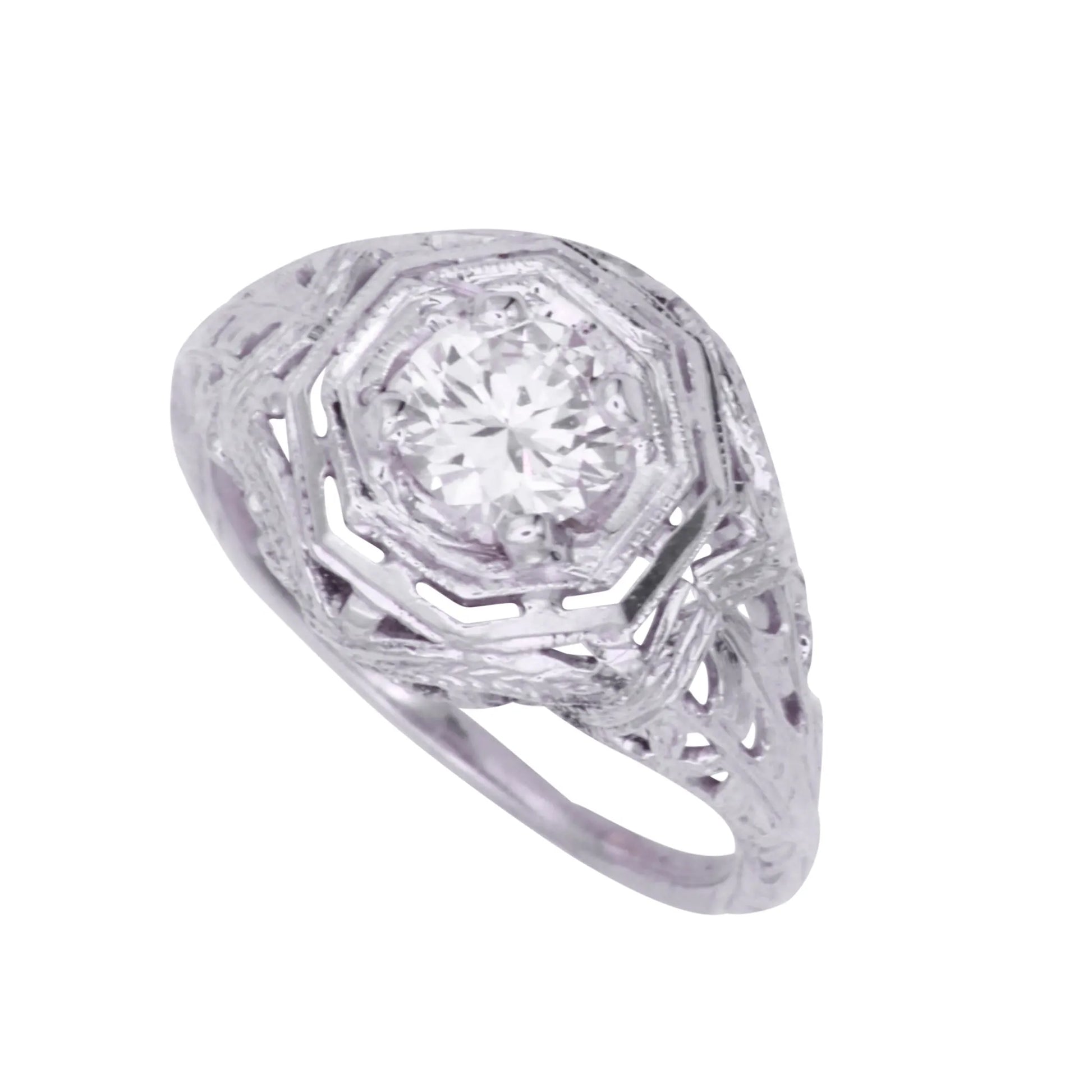 Art Deco 14k White Gold Filigree .67ct Diamond Ring 