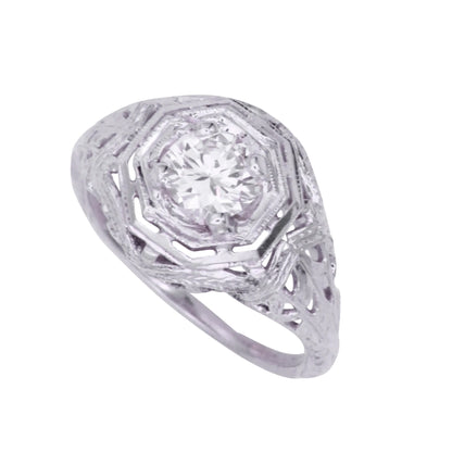 Art Deco 14k White Gold Filigree .67ct Diamond Ring 