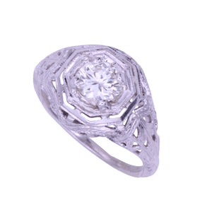 Art Deco 14k White Gold Filigree .67ct Diamond Ring