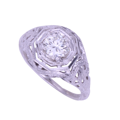 Art Deco 14k White Gold Filigree .67ct Diamond Ring