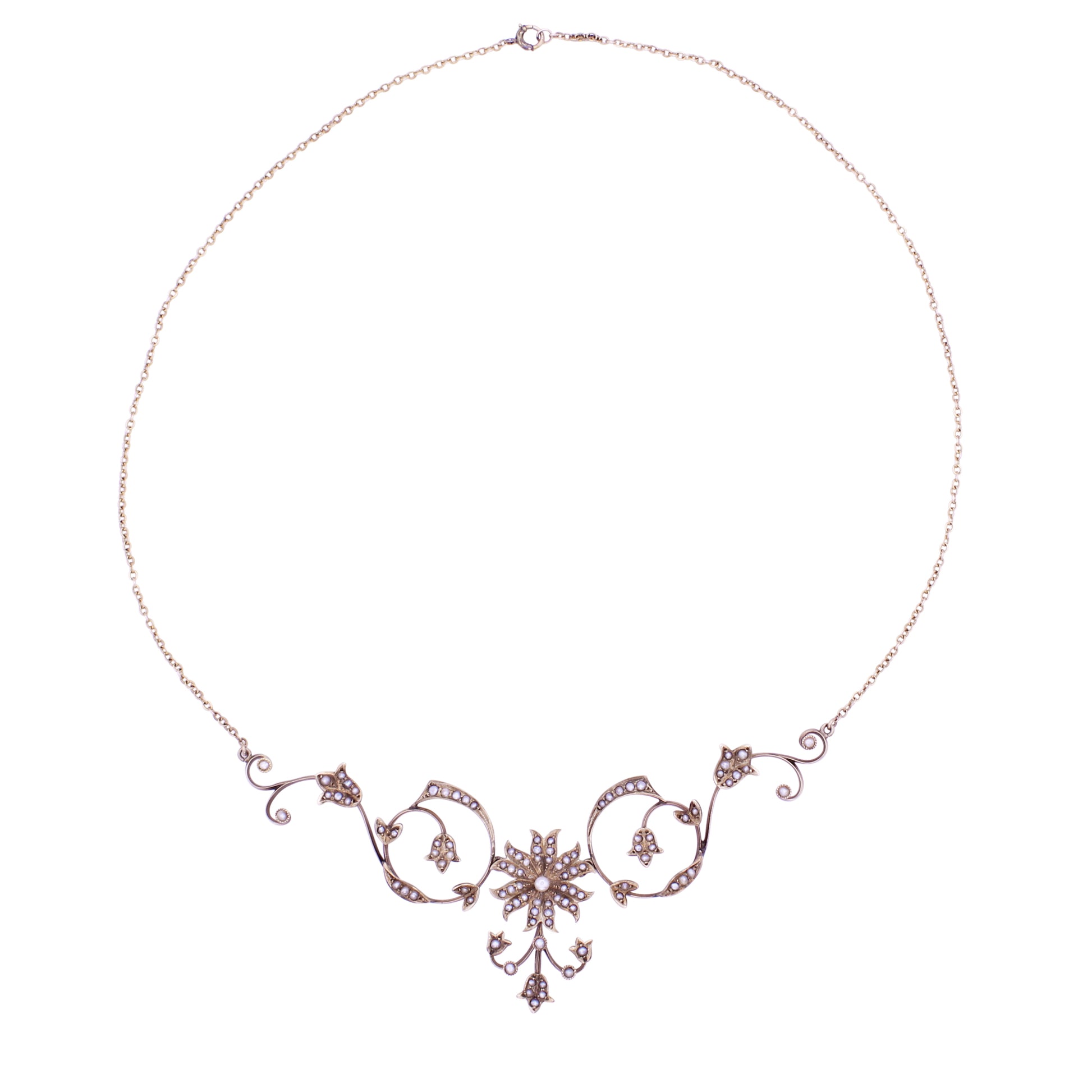 Victorian Yellow Gold and Seed Pearl Flower Necklace  Front