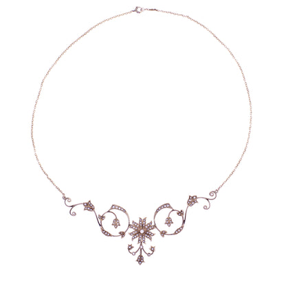 Victorian Yellow Gold and Seed Pearl Flower Necklace  Front