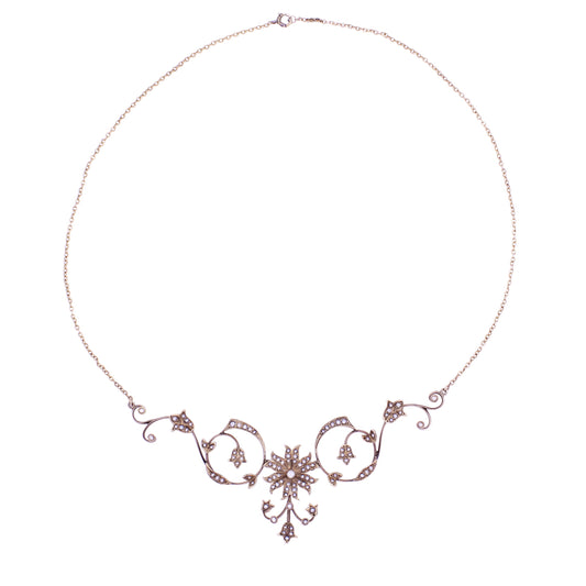Victorian Yellow Gold and Seed Pearl Flower Necklace  Front