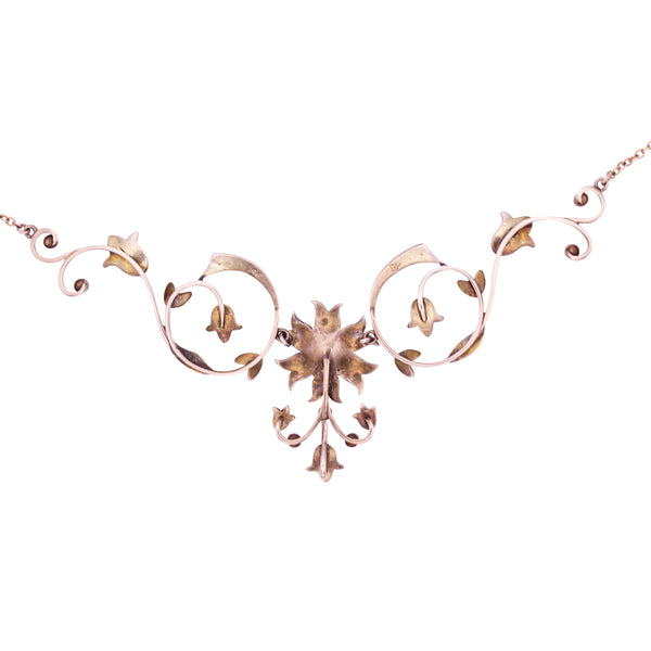 Victorian Yellow Gold and Seed Pearl Flower Necklace  Back