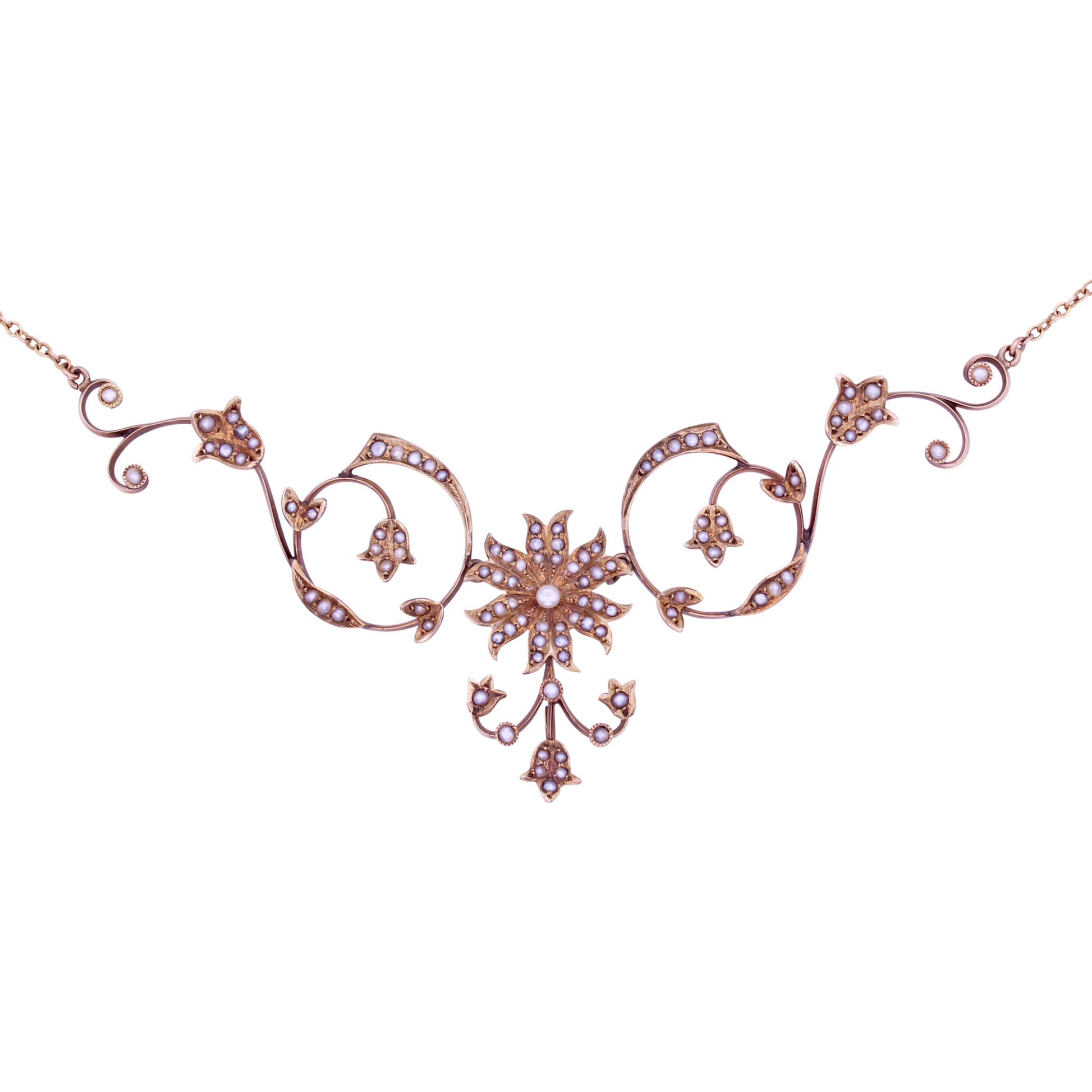 Victorian Yellow Gold and Seed Pearl Flower Necklace  Close