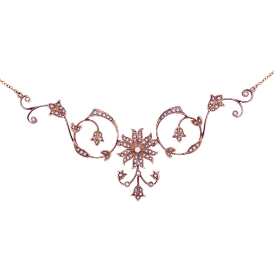Victorian Yellow Gold and Seed Pearl Flower Necklace  Close
