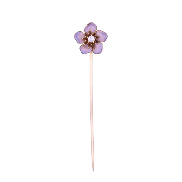 Art Nouveau Forget Me Not Enamel Flower Diamond 14k Gold Stick Pin