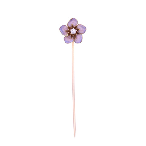 Art Nouveau Forget Me Not Enamel Flower Diamond 14k Gold Stick Pin