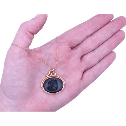 Victorian Jasper Bloodstone Intaglio 14k Gold Spinner Pendant Held