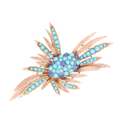 Lisner Turquoise Cabochon and Sapphire Rhinestone Pin Brooch