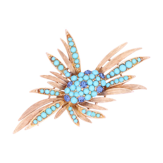 Lisner Turquoise Cabochon and Sapphire Rhinestone Pin Brooch
