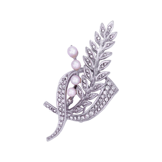 Pearl and Marcasite Sterling Silver Vintage Pin Brooch