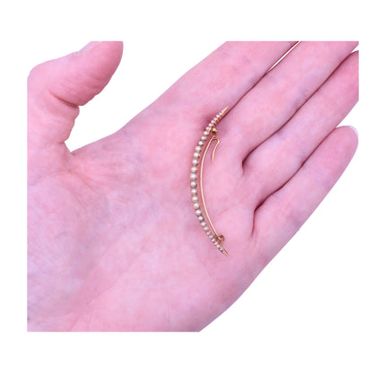 Late Victorian 14k Yellow Gold Pearl Moon Crescent Pin Brooch Worn
