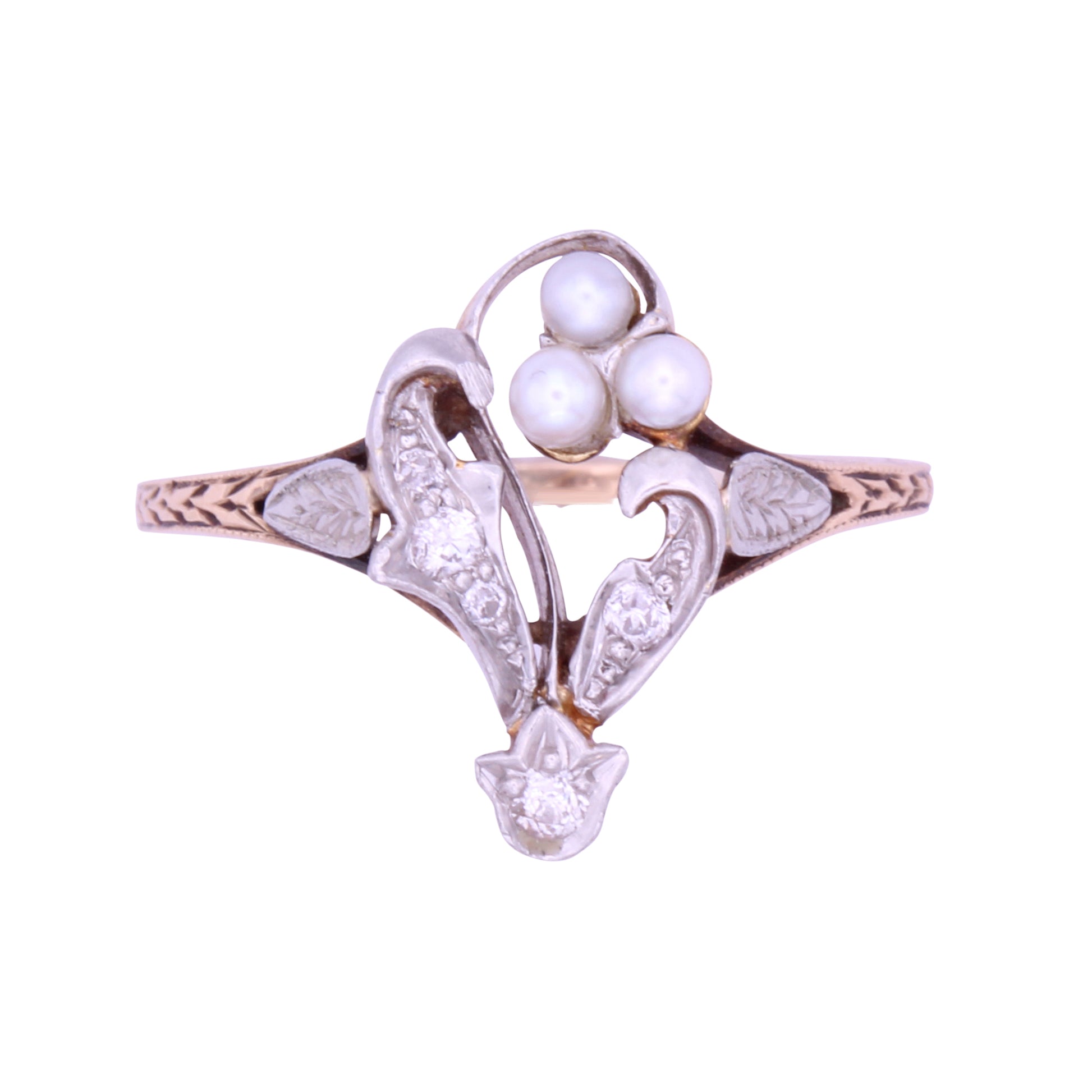 Edwardian Pearl and Diamond 12k Gold and Platinum Ring
