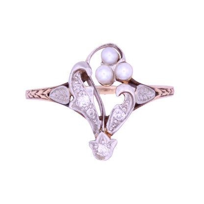 Edwardian Pearl and Diamond 12k Gold and Platinum Ring