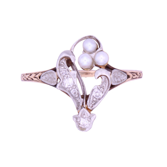 Edwardian Pearl and Diamond 12k Gold and Platinum Ring