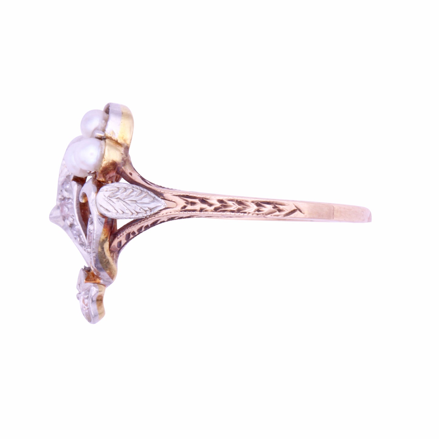 Edwardian Pearl and Diamond 12k Gold and Platinum Ring Side