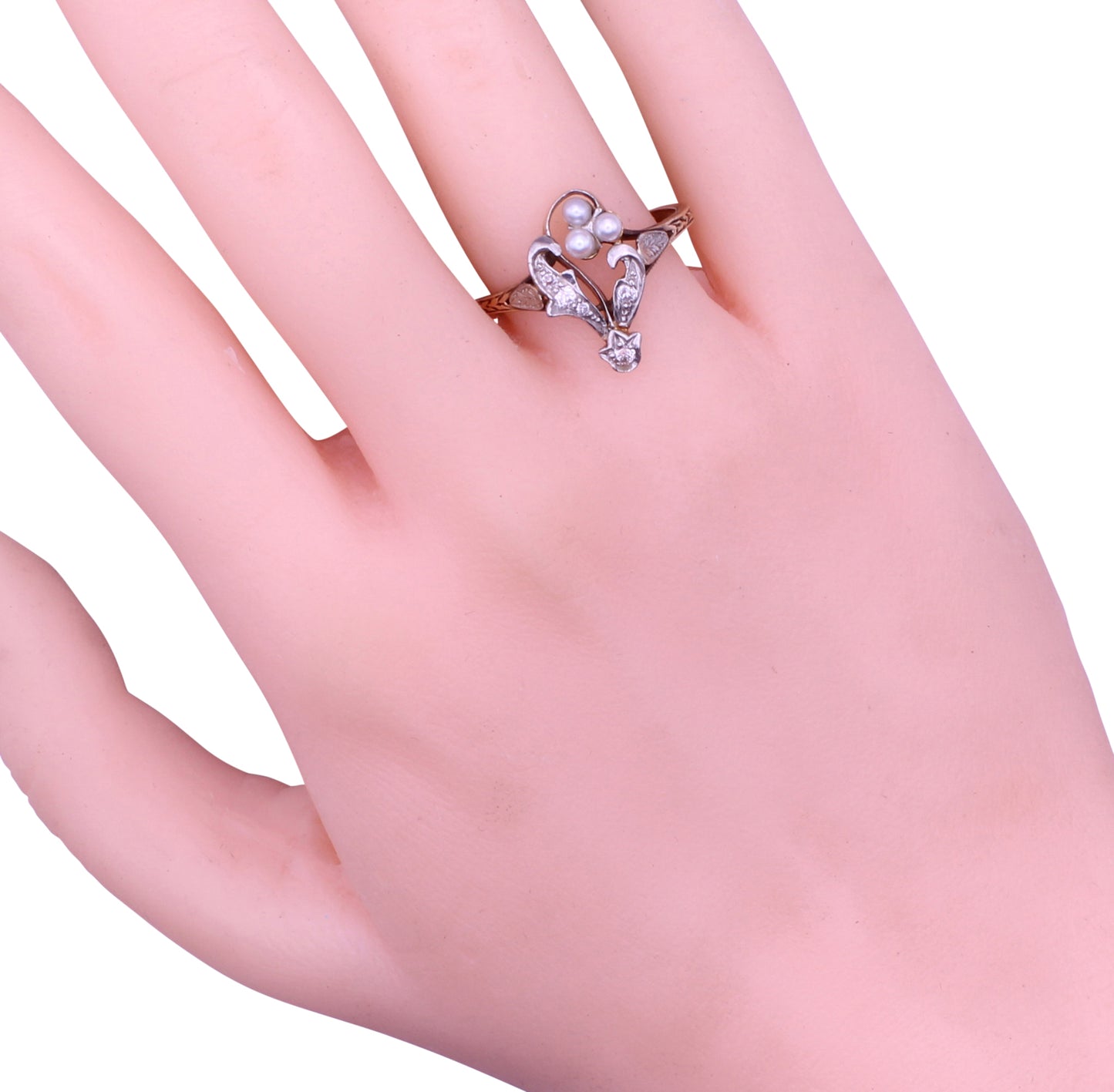 Edwardian Pearl and Diamond 12k Gold and Platinum Ring Worn