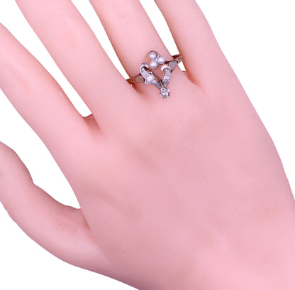 Edwardian Pearl and Diamond 12k Gold and Platinum Ring Worn