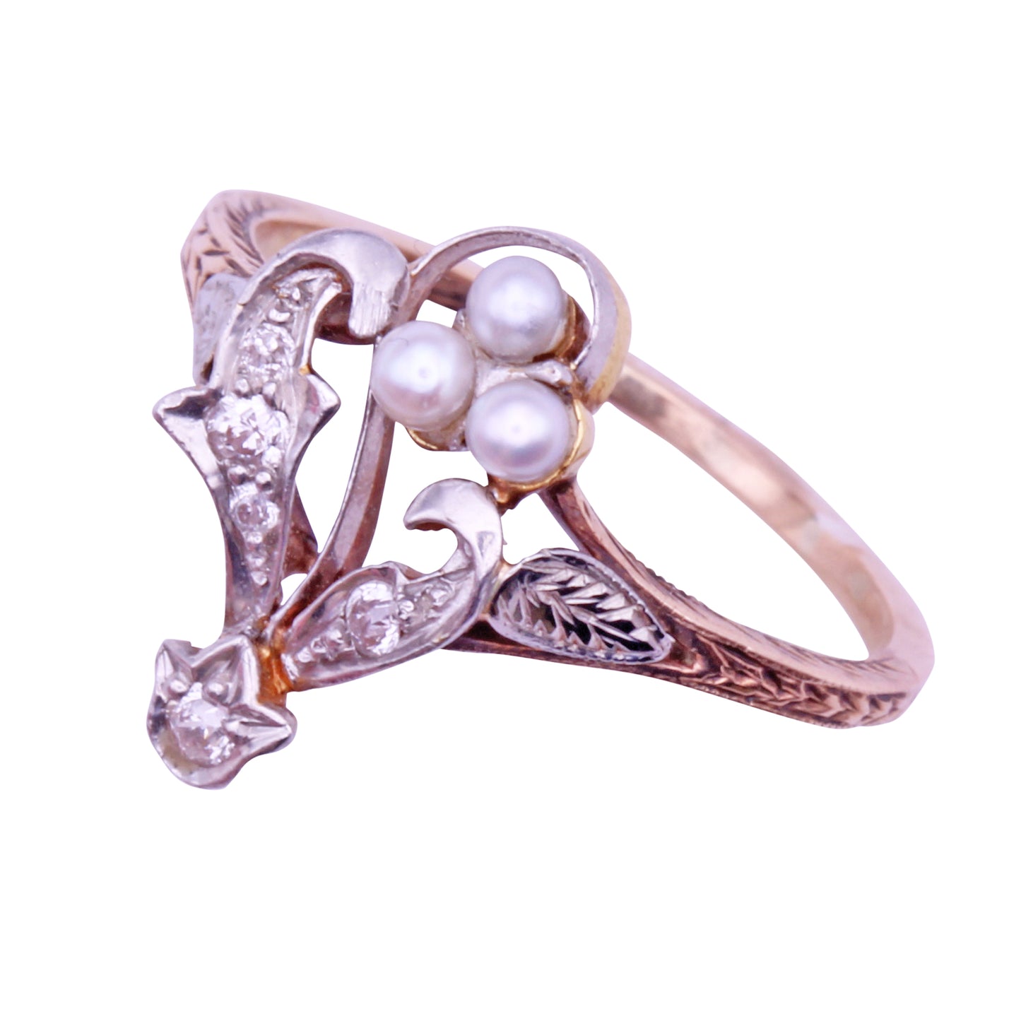 Edwardian Pearl and Diamond 12k Gold and Platinum Ring Side
