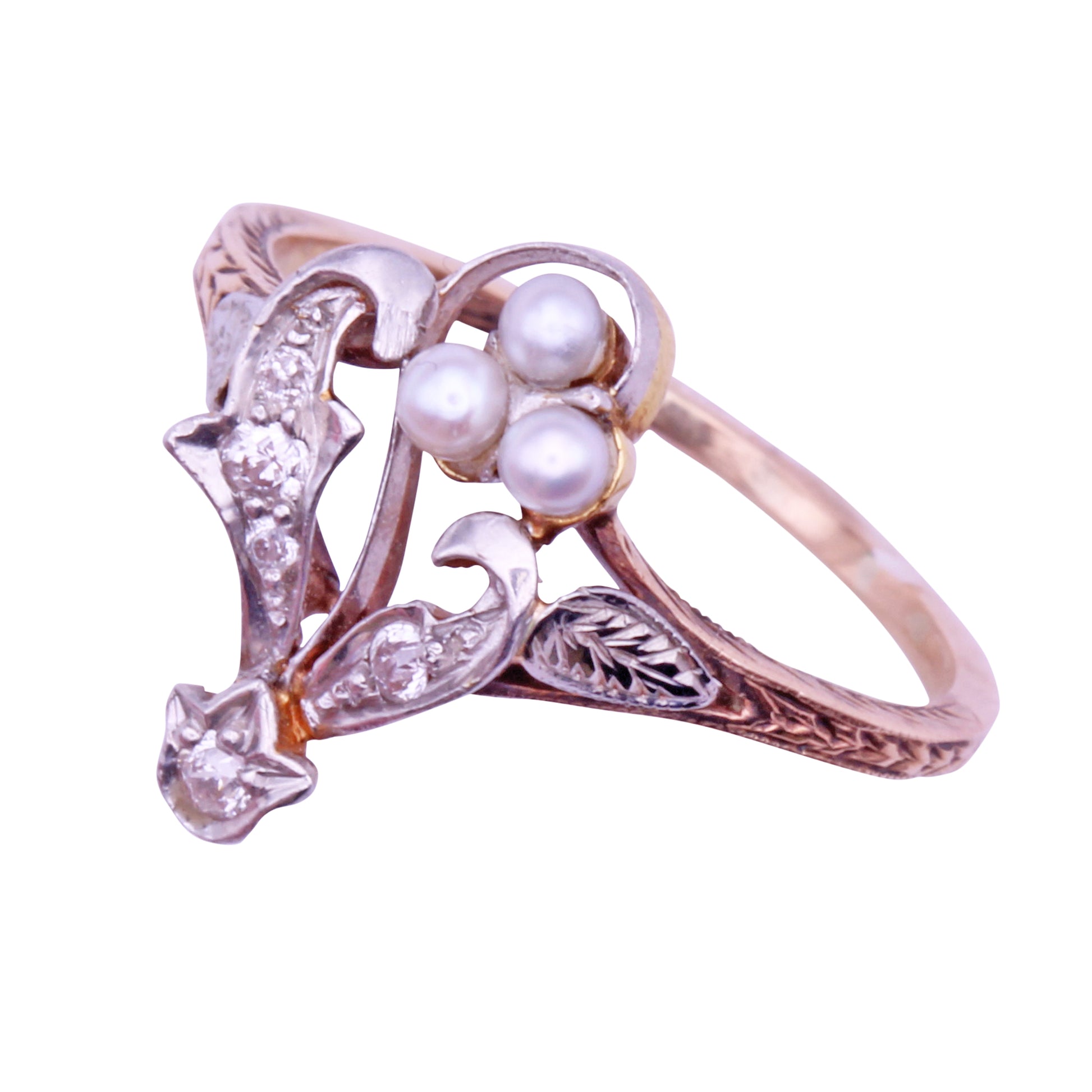 Edwardian Pearl and Diamond 12k Gold and Platinum Ring Side