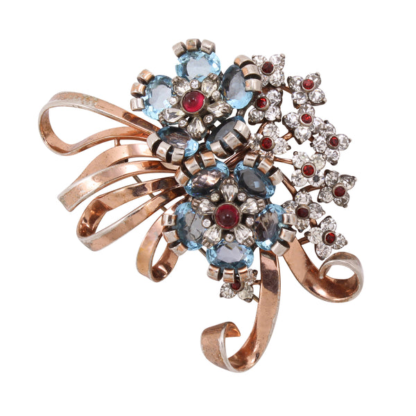 Extraordinary Pennino Sterling Rose Gold Vermeil Rhinestone Floral Pin/Brooch Front