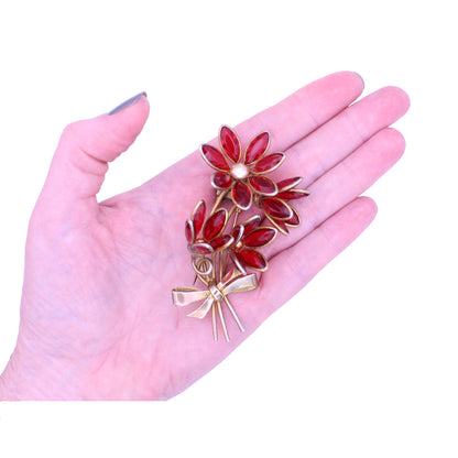 Vintage Red Glass Flower Fur Pin Clip Held