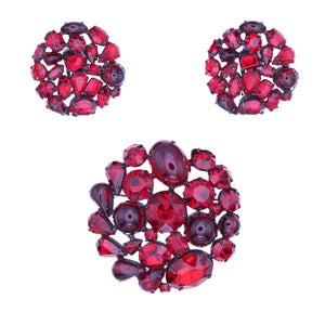 Red Rhinestone Pin Brooch and Earrings Front