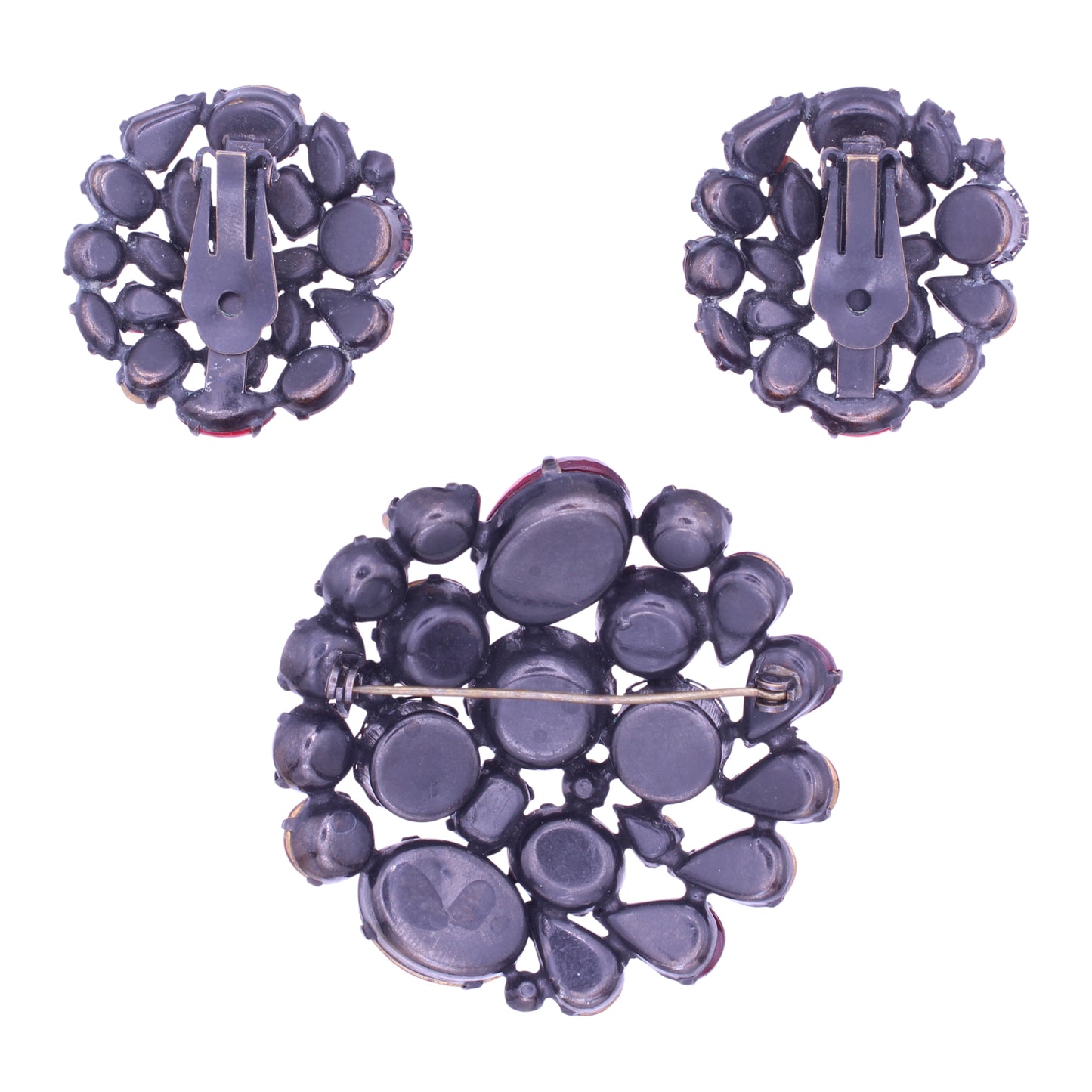 Red Rhinestone Pin Brooch and Earrings Back