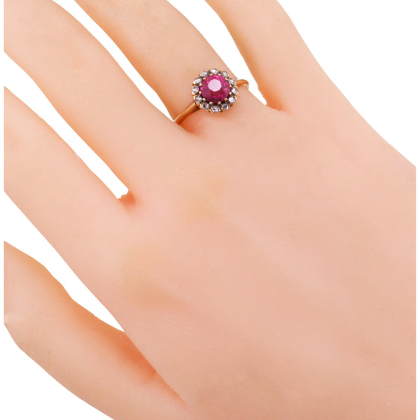 Edwardian Pink Ruby and Diamond 14k Halo Gold Ring Worn
